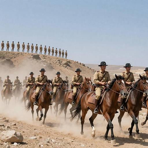 Soldiers on horseback in dusty terrain