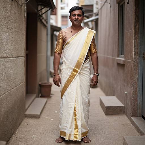 Photograph of a South Asian man with dark skin, short black hair, wearing a white and gold sari with a gold shirt, standing in a