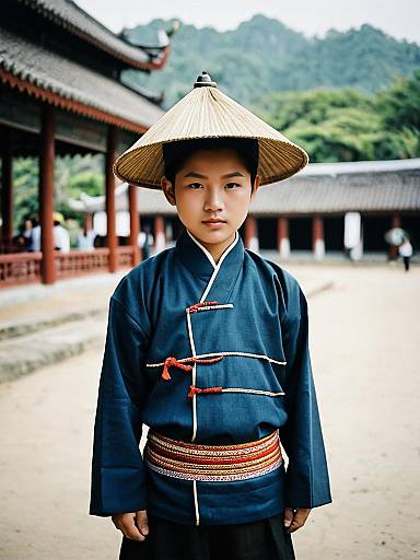 Solo Male in Traditional Asian Costume Outdoors