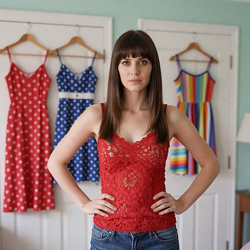 Woman in Red Lace Top with Colorful Dresses Behind