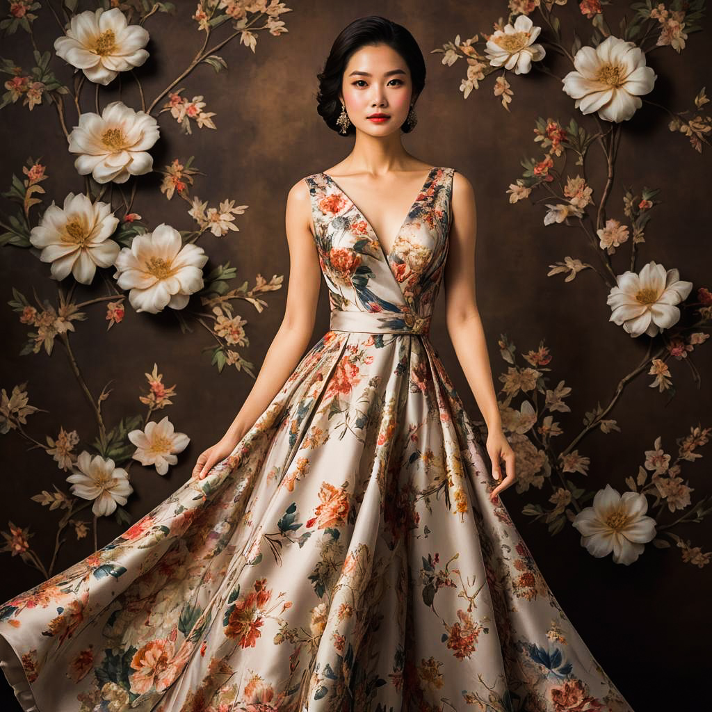 Elegant East Asian Woman in Floral Gown