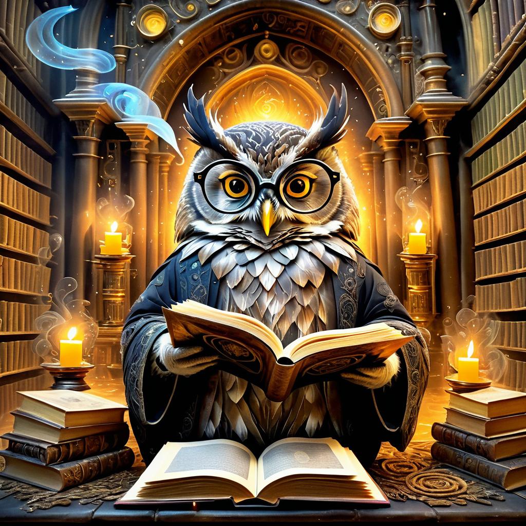 Whimsical Owl in Enchanted Library