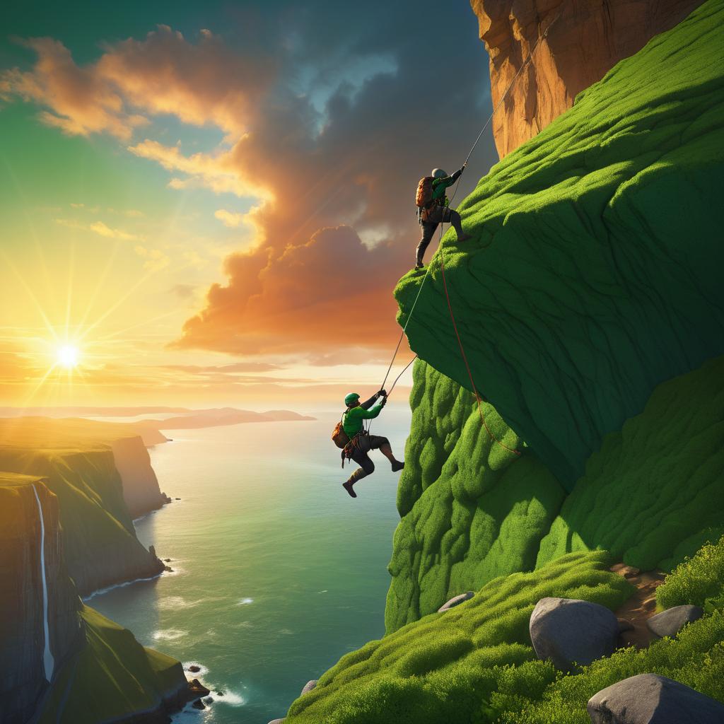 Activist Scaling Cliff at Sunrise