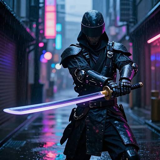 Cyberpunk warrior with glowing blue sword, black armor, and hood, standing in a neon-lit, rain-soaked alleyway at night.