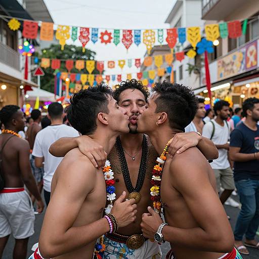 Photograph of three shirtless, muscular men with flower necklaces kissing passionately in a vibrant, colorful street festival with festive banners.