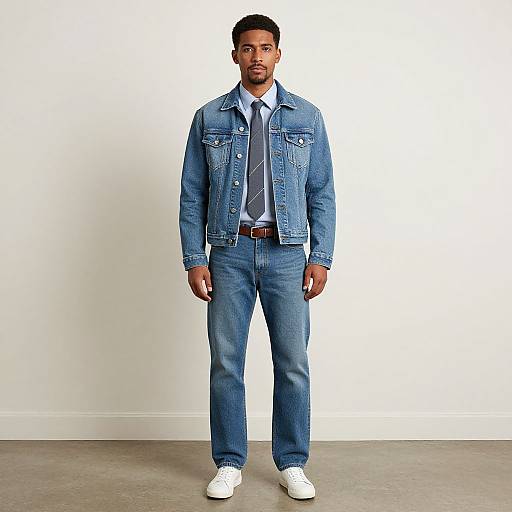 Photograph of a Black man with short hair, beard, wearing a blue denim jacket, white shirt, gray tie, blue jeans, and white shoes