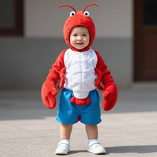 Photograph of a smiling baby in a red crab costume with white chest, blue shorts, white shoes, and red gloves, standing outdoors on a sun