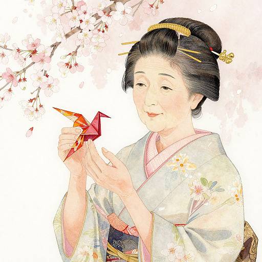 Digital illustration of a smiling Japanese woman in a floral kimono, gently holding a red origami bird, with cherry blossoms in the background.