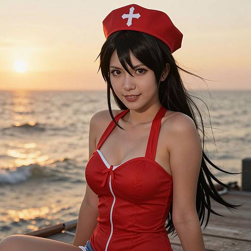 Photograph of an Asian woman with long black hair, wearing a red nurse costume with a cross hat, seated by a sunset ocean, smiling softly.