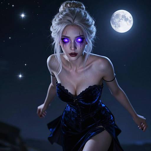 Digital artwork of a pale, blonde, vampire woman with glowing purple eyes, black dress, and moonlit night background with stars.