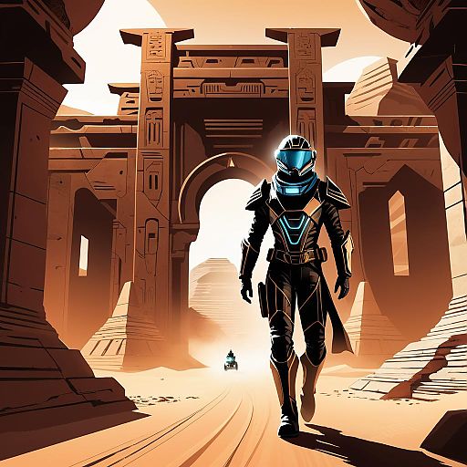 Futuristic Racing Pilot in Desert Temple Futuristic Racing Pilot in Desert Temple