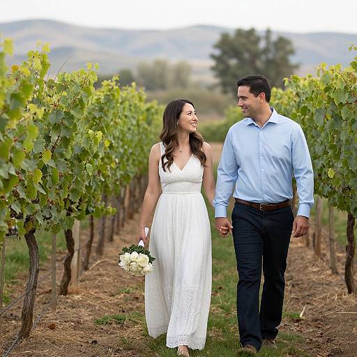 Photograph of a smiling couple walking through a vineyard, with the woman in a white lace dress holding a bouquet and the man in a light blue