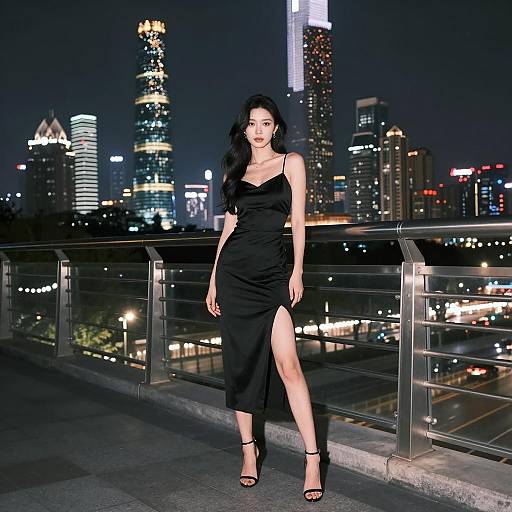Elegant Woman on Urban Bridge at Night
