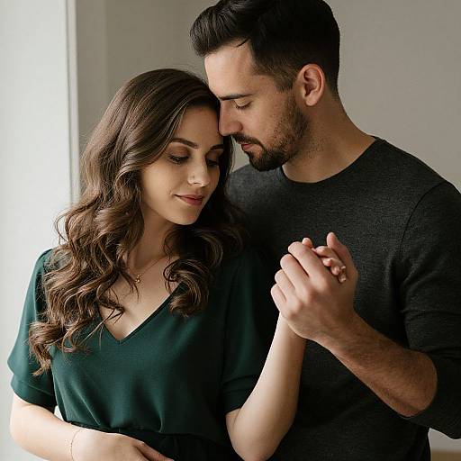Photograph of a romantic couple; man with dark hair and beard, black shirt, holding woman's hand; woman with long brown hair, green blouse
