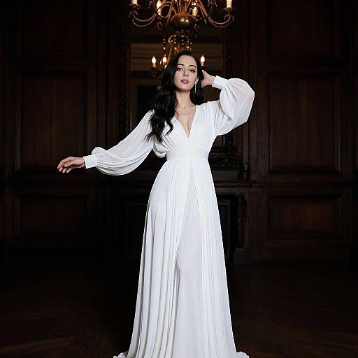Photograph of a pale-skinned woman with long black hair, wearing a flowing white dress with puffed sleeves, posing elegantly in a dimly