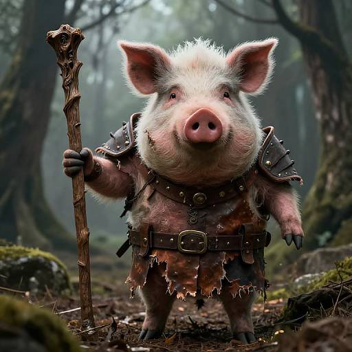Digital illustration of a cute, armored pig warrior with a wooden staff, standing in a misty forest. The pig wears a leather tunic with metal