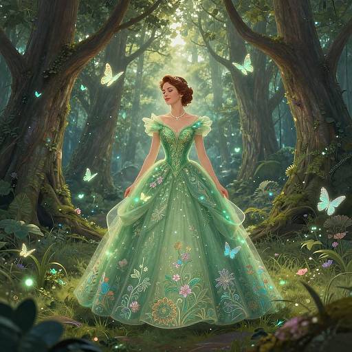 Digital fantasy artwork: A fairy-like woman in a glowing green, floral-embellished gown stands amid enchanted forest, surrounded by luminous butterflies and