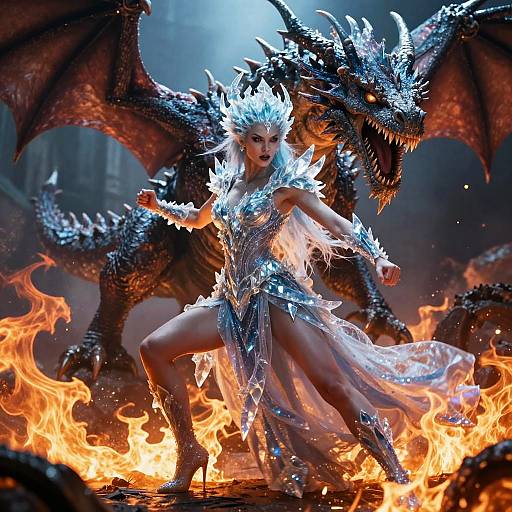 Digital artwork of a fierce, silver-armored woman with a crown, standing confidently amid flames, backed by a large, roaring black dragon.