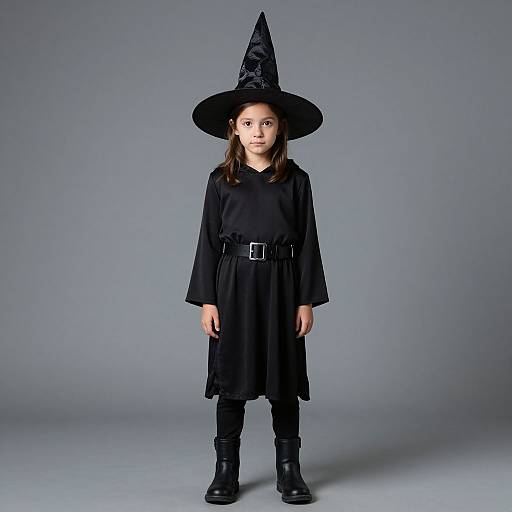 Photograph of a young girl in a black witch costume with a pointed hat, long dress, belt, and boots, standing against a gray background.