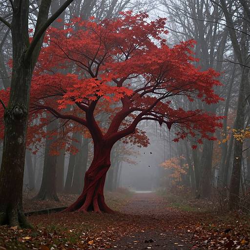 Photograph of a foggy forest path with a prominent tree featuring vibrant red autumn leaves, surrounded by bare, dark trees.