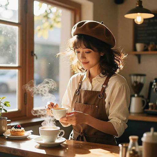 Photograph of a smiling, fair-skinned woman with wavy brown hair, wearing a brown beret and apron, holding a steaming cup