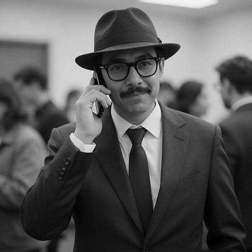 Man in Suit and Fedora Talking on Phone