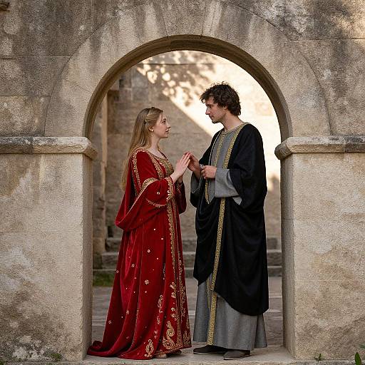 Photograph of a couple in medieval attire; she wears a red velvet gown, he in a black robe with gold trim, standing in a stone arch