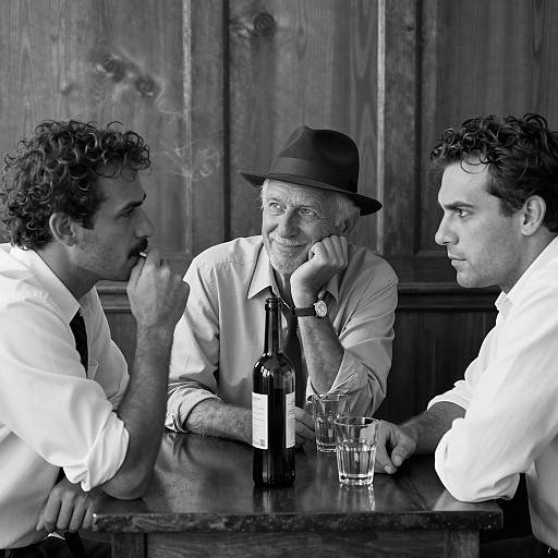Three Men Conversing at Wooden Table