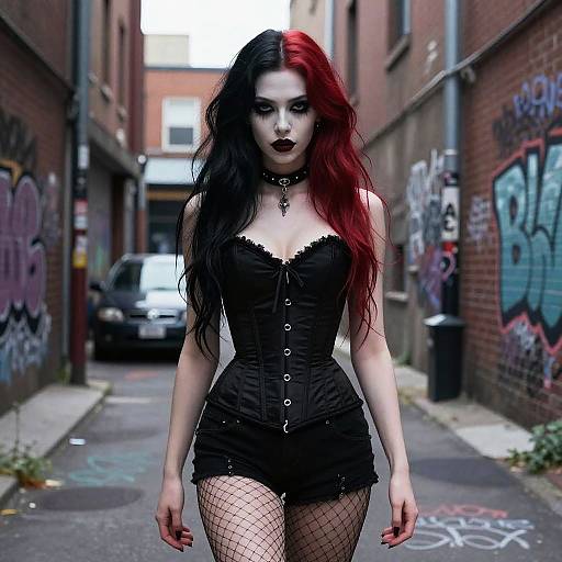 Gothic woman with long black-and-red hair, black corset, fishnet stockings, and choker, walks down graffiti-covered urban alleyway