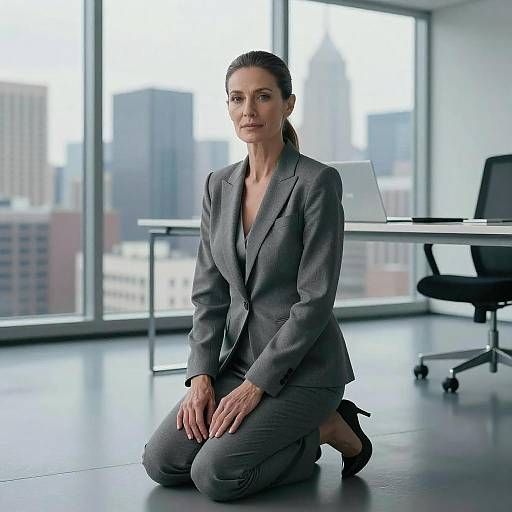 Photograph of a serious, middle-aged woman with dark hair in a sleek gray business suit, kneeling on a modern office floor, with large windows showing