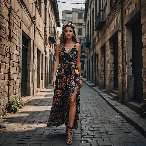 Fashionable woman walking on rustic urban street