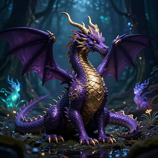 Digital artwork of a vibrant purple dragon with golden scales, large wings, and sharp horns, sitting in a mystical, glowing forest.