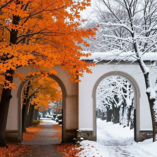 Photograph of a snowy, autumnal pathway with vivid orange leaves contrasting against white snow and black trees, framed by two stone arches.
