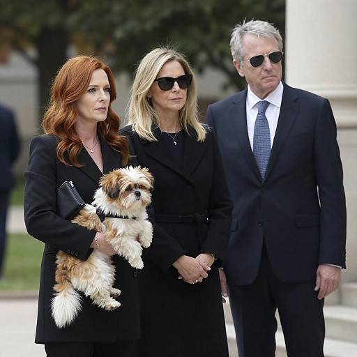 Three Adults with Dog Outdoors in Formal Attire