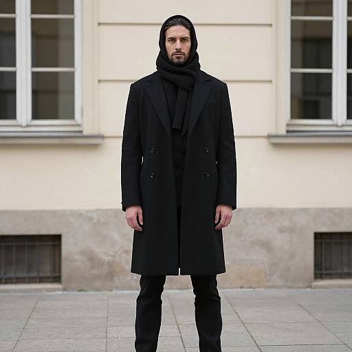Photograph of a bearded man in a black coat and scarf, standing in front of a building with large windows.
