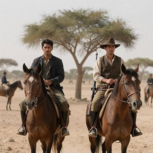 Two Men on Horses in Desert Landscape