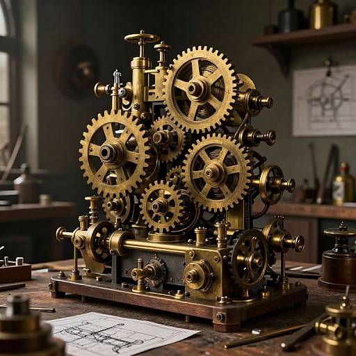Photorealistic CGI of intricate, golden mechanical gears and pistons on a wooden workbench in a dimly lit workshop.