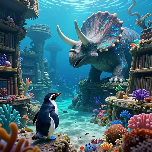 Vibrant underwater scene: penguin faces massive blue-scaled, bioluminescent rhino amidst colorful coral, ancient ruins, and sunlit