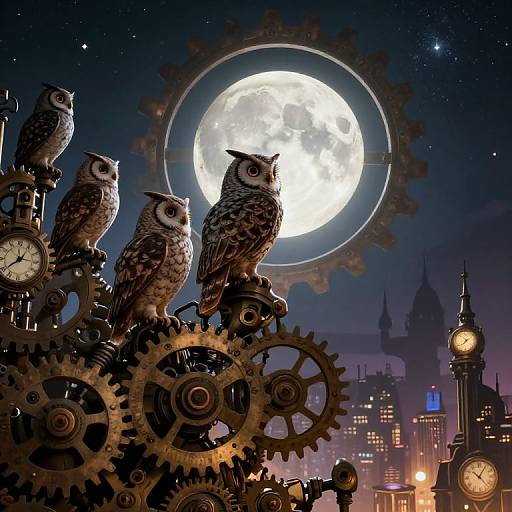 Steampunk illustration: Three owls perched on large gears against a bright full moon, with a cityscape and clock tower in the background.