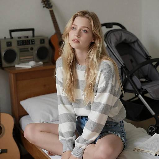 Contemplative Blonde in Cluttered Room