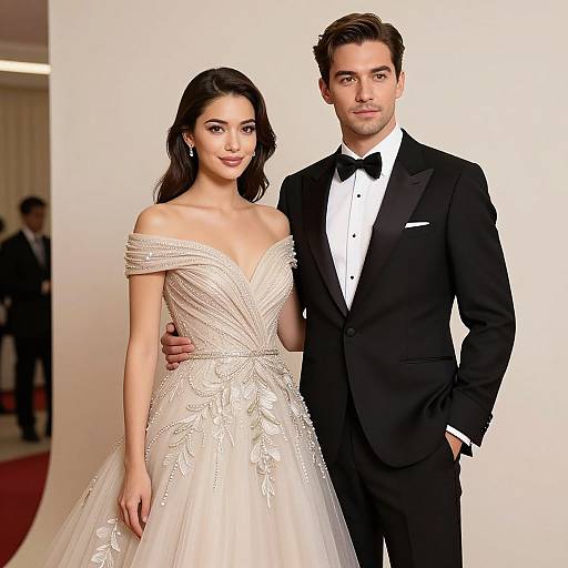 Photograph of a couple at a formal event; woman in an off-shoulder, white, embellished gown, man in a black tux
