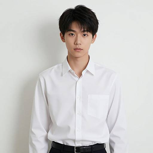 Photograph of an Asian young man with short black hair, wearing a white dress shirt and black pants, standing against a plain white background.