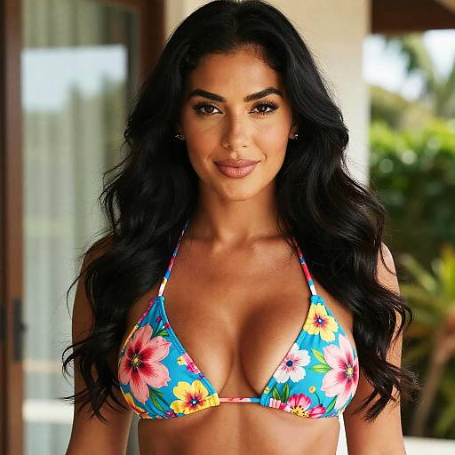 Photograph of a woman with long black hair, tan skin, and brown eyes, wearing a colorful floral bikini top, smiling confidently outdoors.