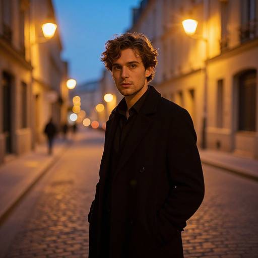 Photograph of a handsome, brown-haired man with wavy hair, wearing a black coat, standing on a cobblestone street at dusk, illuminated