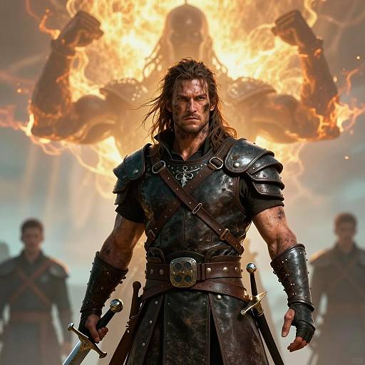 Determined Warrior in Fiery Digital Landscape