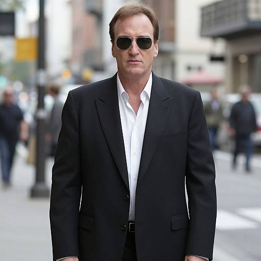 Photograph of a middle-aged white man with short brown hair, wearing black sunglasses, a black suit, and white shirt, standing on a busy urban