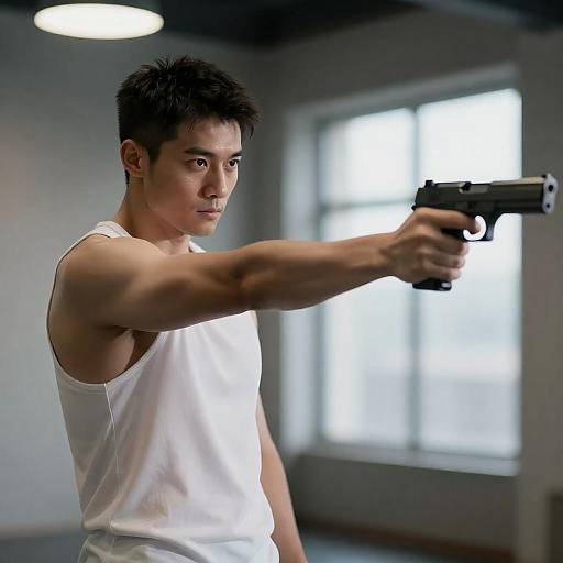 Muscular Man Aiming Handgun Indoors