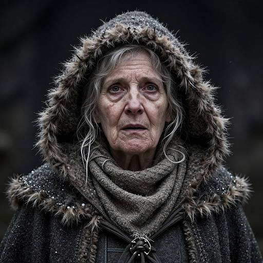 Photograph of an elderly woman with weathered skin, gray hair, and deep wrinkles, wearing a fur-trimmed hooded cloak and thick scarf