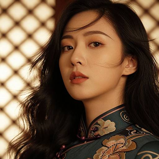 Photograph of an Asian woman with long black hair, wearing an ornate blue floral-patterned robe, against a blurred lattice background.