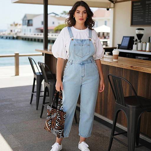 Photograph of a young woman with wavy dark hair, wearing a white blouse and light blue denim overalls, holding a zebra-patterned bag